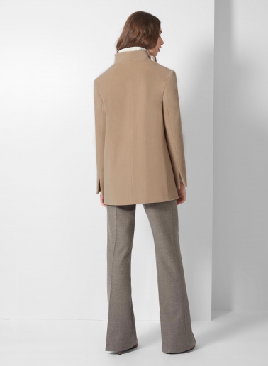 Short light camel wool and cashmere coat with high stand up collar