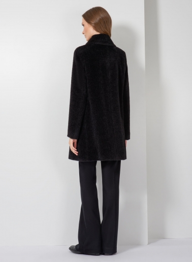 Short flared black wool and alpaca coat with crossover collar