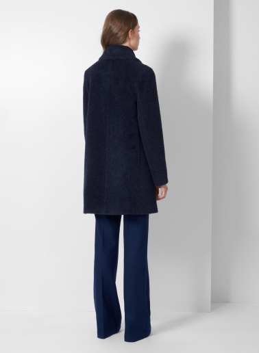 Short flared blue wool and alpaca coat with crossover collar