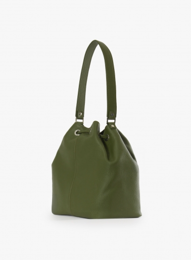 Military green genuine leather bucket bag with gusset and logo