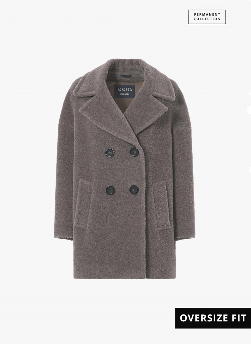 Short oversized dark taupe double breasted wool and alpaca coat