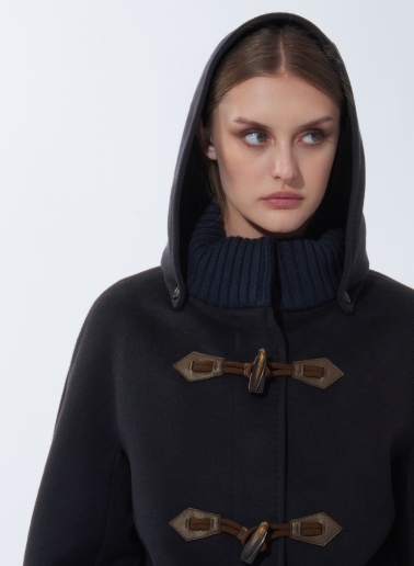 Blue pure wool parka with hood and buckles