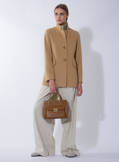 Short camel pure wool coat with detachable nylon bib