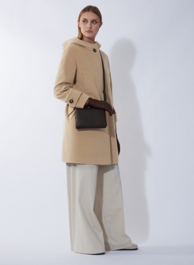 Hooded light camel wool and cashmere parka with double pockets