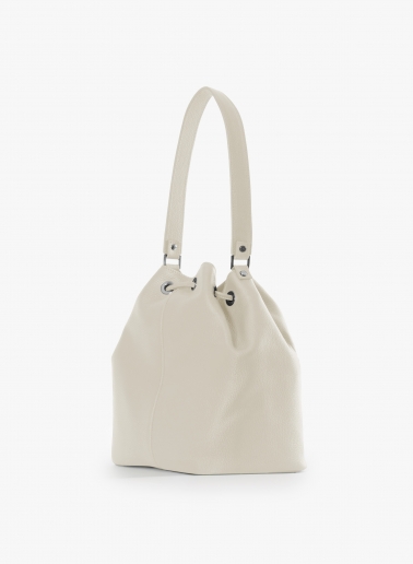 White genuine leather bucket bag with gusset and logo
