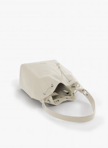 White genuine leather bucket bag with gusset and logo