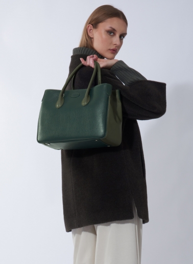 Two-tone military green genuine leather tote bag