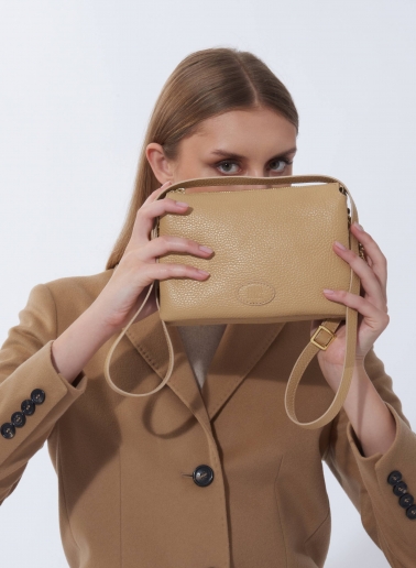 Light camel genuine leather crossbody bag with three compartments