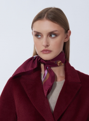 Small purple pure silk twill scarf with stylized feather pattern