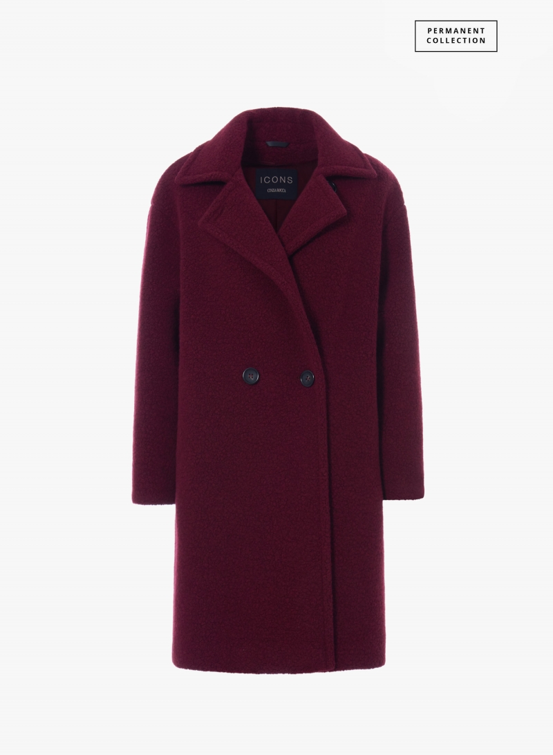 Double breasted burgundy wool coat with notch collar