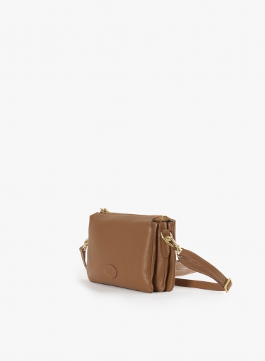 Tobacco color genuine leather crossbody bag with three compartments