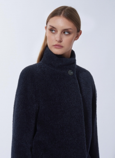 Short flared blue wool and alpaca coat with side vents
