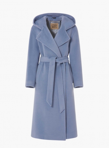 Maxi belted light blue purple alpaca and wool coat with hood