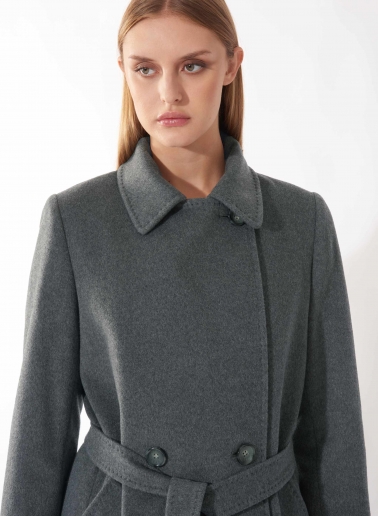 Maxi grey pure cashmere trench with belt