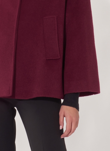 Short flared burgundy wool coat with high collar