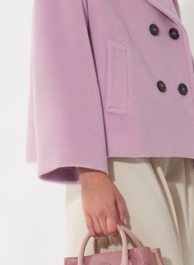 Short oversized pink coat in pure wool with maxi notch collar