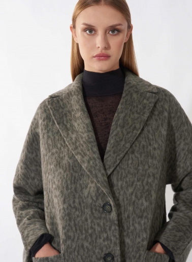 Maxi oversized dark taupe animal print coat with patch pockets