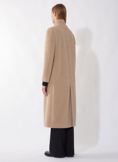 Maxi dark beige wool and alpaca coat with inverted notch collar