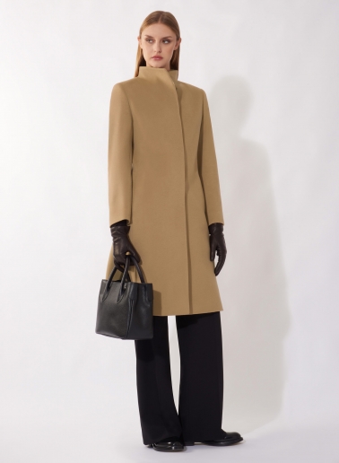 Camel pure cashmere coat with high stand up collar