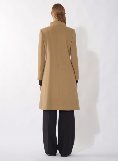 Camel pure cashmere coat with high stand up collar