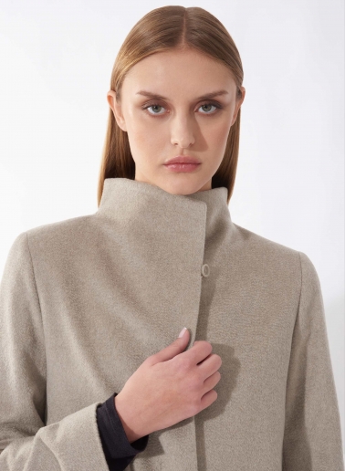 Flared dark beige pure cashmere coat with high stand up collar