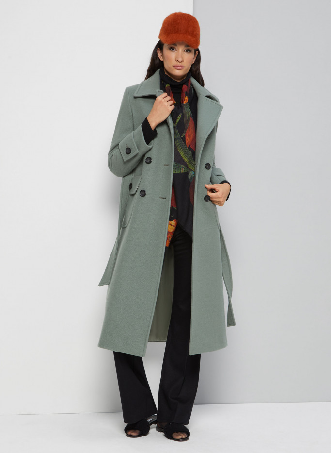 Double breasted green belted coat in wool