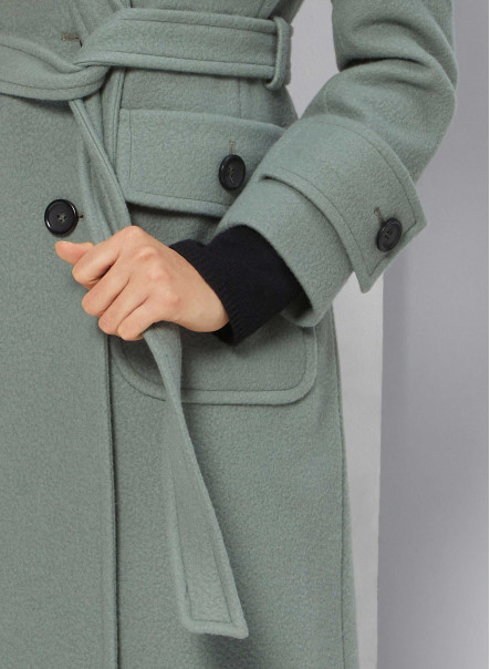 Double breasted green belted coat in wool
