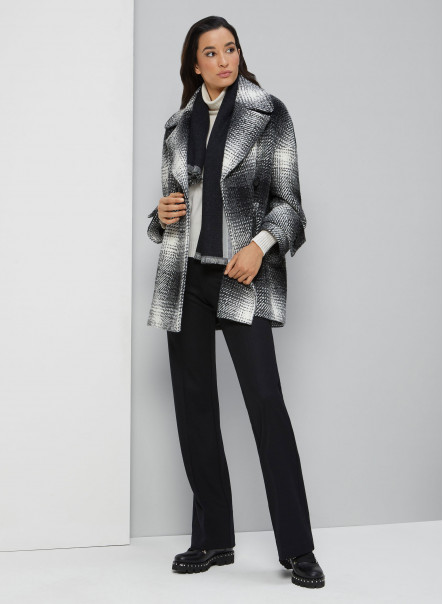 Wool peacoat in black and white plaid with sequins