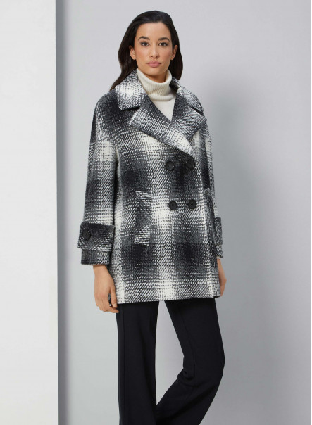 Wool peacoat in black and white plaid with sequins