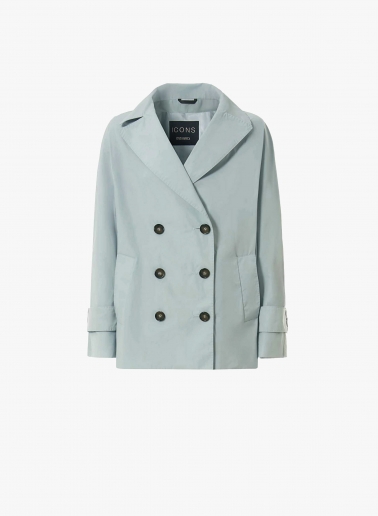 Double breasted light blue jacket with maxi notch collar in rainproof