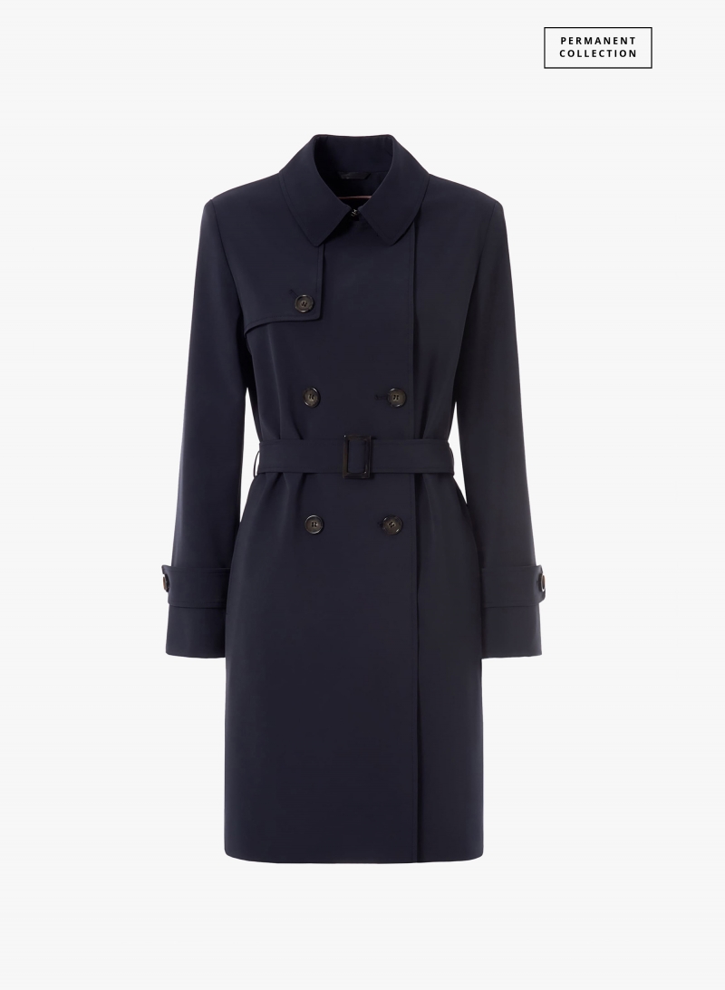 Double breasted dark blue trench coat in technical fabric