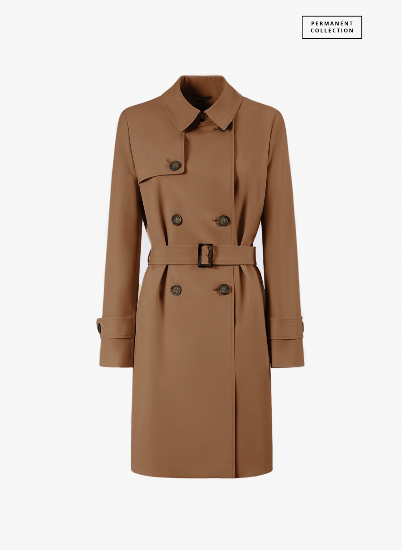 Double breasted tobacco color trench coat in technical fabric