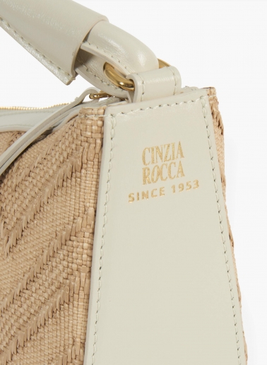 Asymmetrical straw bag with beige leather details