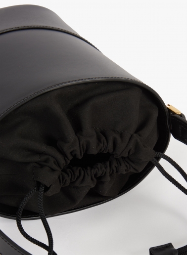 Black smooth leather bucket bag with drawstring closure