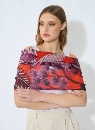 Red modal and silk scarf with stylized plant pattern