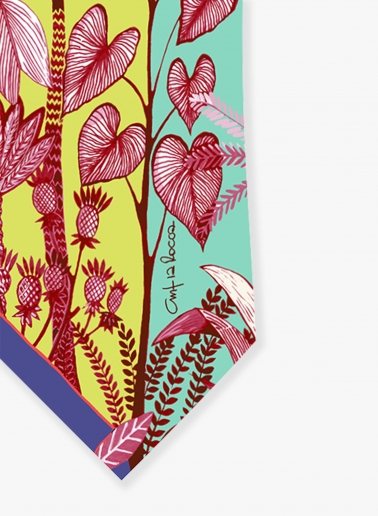 Green silk twill headband with nature pattern
