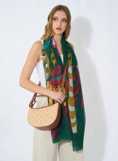 Green cotton and silk maxi scarf with stylized floral pattern