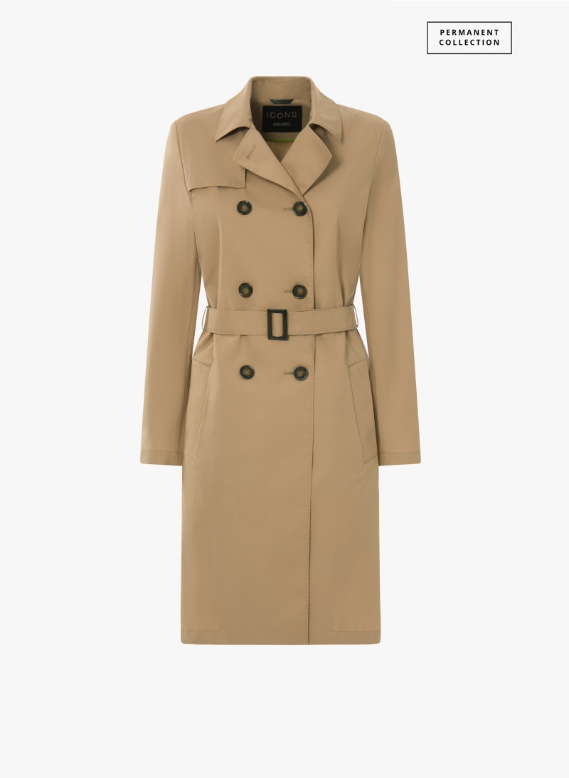Double-breasted camel trench coat in technical fabric with tailored stitches