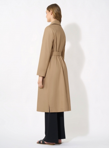 Maxi single breasted camel trench coat with technical fabric belt