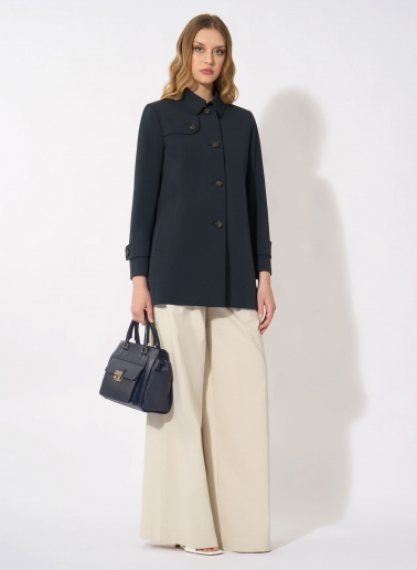 Dark blue overcoat in rainproof technical fabric with trench-style flap