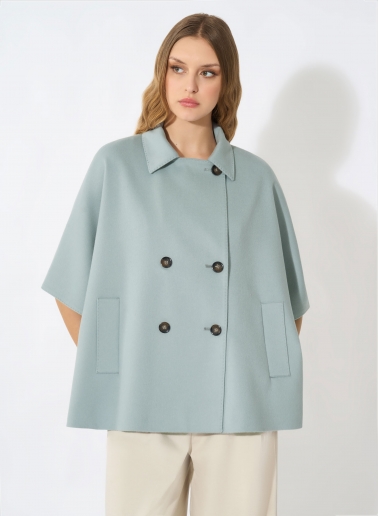 Double breasted light blue cape in pure wool