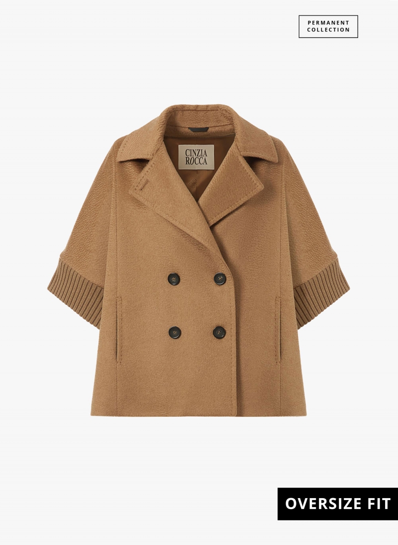 Camel pure camel wool cape with knitted inserts