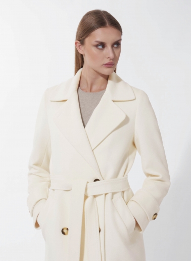 Maxi white pure wool trench with belt