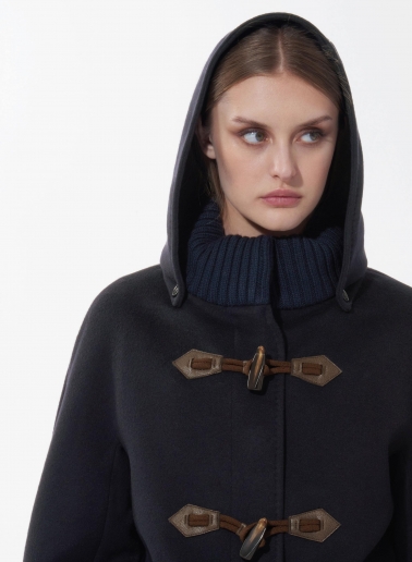 Blue pure wool parka with hood and buckles