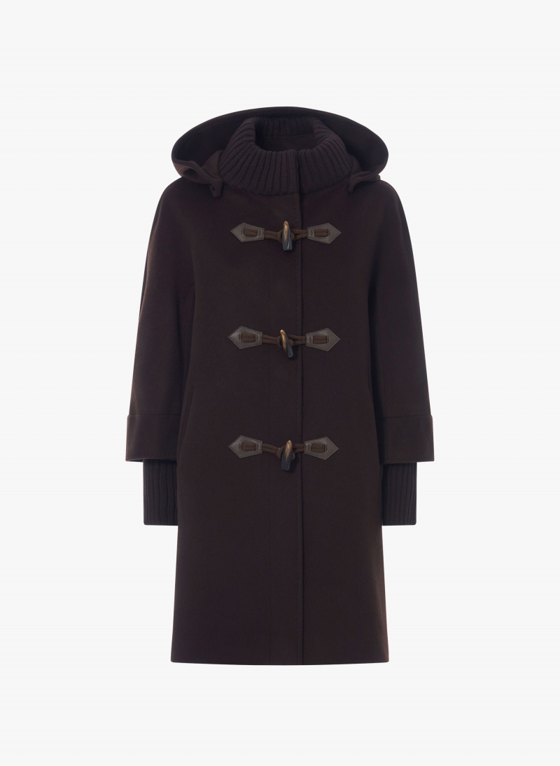 Brown pure wool parka with hood and buckles