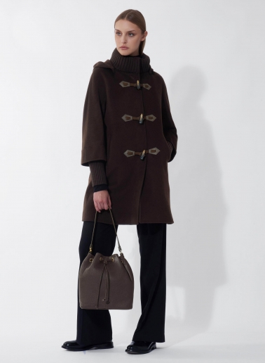 Brown pure wool parka with hood and buckles