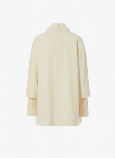 Short oversized white pure wool coat with knitted details