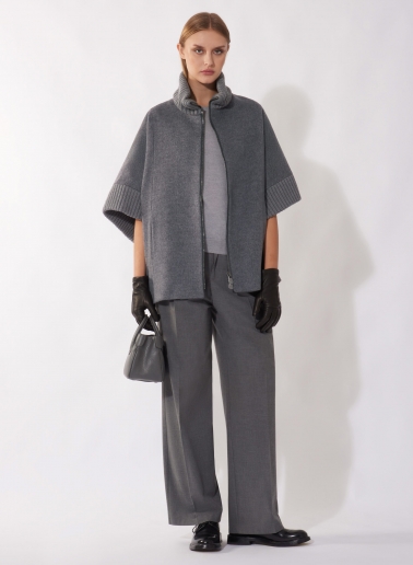 Zipped grey pure zibeline wool cape
