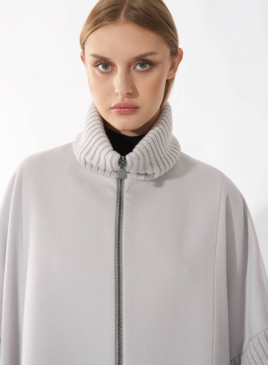 Zipped pearl grey pure zibeline wool cape