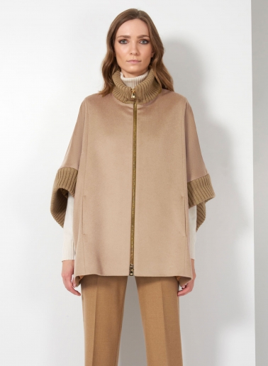 Zipped light camel pure zibeline wool cape